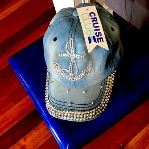 Bedazzled distressed denim cap. Anchor accent